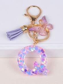 Cute Yarn Pom Pom Sequin Letter A-Z Resin Tassel Keychain, Wallet & Handbag Charm, Chain Backpack Pendant, Car Hanging Ornament, Girl Gift, School & Car Accessories, Gothic Y2K - Purple - View 23