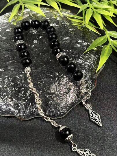 1pc Classic Solid Black Single Bead Muslim Tasbih Prayer Beads, Vintage Hollow Silver Pendant, Can Be Worn Or Held As Religious Accessory