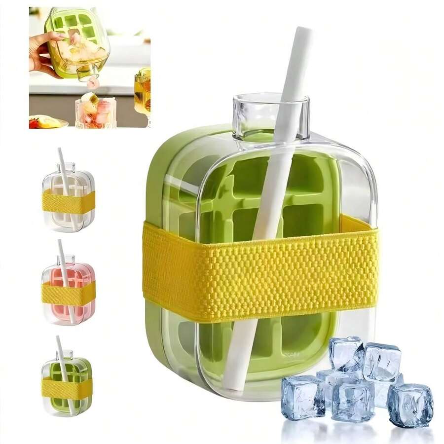 Bandeja de cubitos de hielo con tapa, Botella de agua con cubitos de hielo sin contacto con pajita, Botella de agua con hielo, Bandeja de cubitos de hielo de fácil liberación - Verde - Ver 1