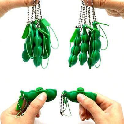 Pea Pod Squeeze Fidget Keychain - Edamame Stress Relief Toy For Skin Picking & Anxiety, Portable 2-Color Decompression Pea Bean Keyring, Fun Party Favor & Sensory Toy For All Ages(Light Green)