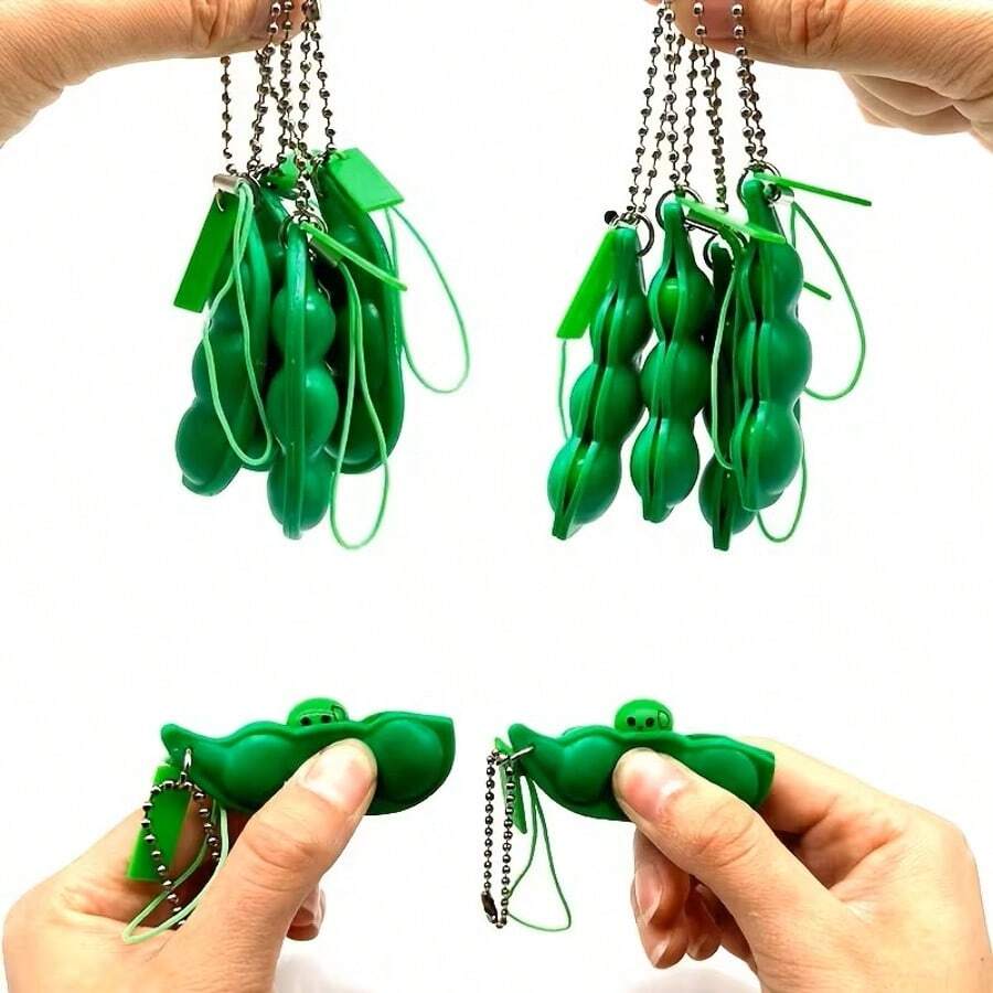 Pea Pod Squeeze Fidget Keychain - Edamame Stress Relief Toy For Skin Picking & Anxiety, Portable 2-Color Decompression Pea Bean Keyring, Fun Party Favor & Sensory Toy For All Ages(Light Green) - Green - View 1