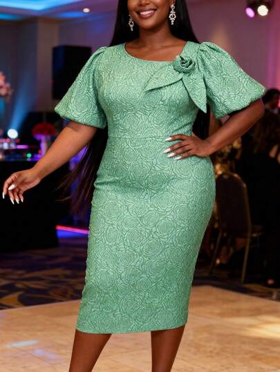 Plus Size Women's Elegant Green Jacquard Mid-Length Dress With 3D Floral Puff Sleeves, Suitable For Spring/Summer Wedding Guest And Evening Occasions
