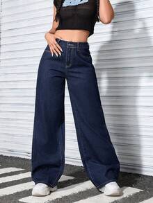 Quần jeans ống rộng dáng suông màu xanh hải quân, kiểu dáng đường phố Mỹ cổ điển, giúp tôn dáng. - Rửa tối - Xem 3