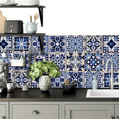 OUTANA 12 قطعة ملصقات بلاط لاصقة بنمط زهري بوهيمي رجعي، ديكورات جدارية مقاومة للماء والزيت، لاصقة ذاتيًا لديكور المطبخ والحمام والأثاث والسلالم، مقاس: 3.94 * 5.91 * 7.87 بوصة، مقاومة للبقع، سهلة التركيب، ديكور وإكسسوارات المطبخ