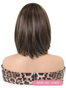 12 Inch Short Straight Brown Highlight Wig For Women, White Highlight With Dark Roots, Suitable For Daily Wear And Cosplay, High Temperature Fiber Material - Brown Highlight - View 6