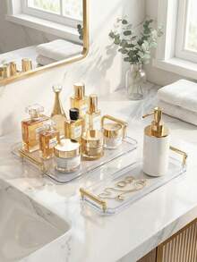 1pc Transparent Tray With Golden Dual Handles, Dessert Serving Tray, Afternoon Tea Tray - Clear - View 7