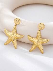 一对简约纹理海星耳环，时尚沙滩度假配饰，适合女性日常佩戴、度假和派对场合。 - 金色 - 查看 2