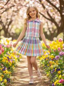 2 pièces/Ensemble Top sans manches à col montant et jupe plissée à carreaux multicolores doux pour filles en été, convient pour les vacances, les voyages, les photos de sœurs, les pique-niques en plein air, les événements à thème, les sorties décontractées - Multicolore - Voir 1