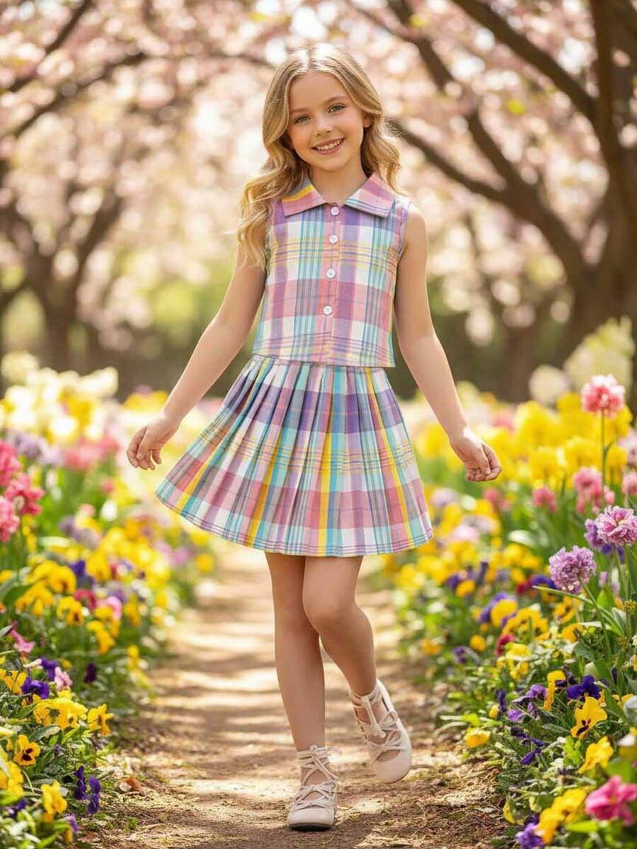 2 pièces/Ensemble Top sans manches à col montant et jupe plissée à carreaux multicolores doux pour filles en été, convient pour les vacances, les voyages, les photos de sœurs, les pique-niques en plein air, les événements à thème, les sorties décontractées - Multicolore - Voir 1