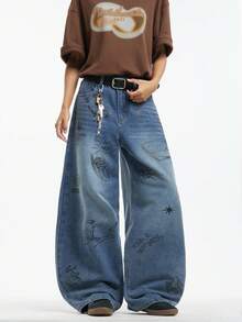 1件 Justice Brother 复古个性化设计印花男士蓝色牛仔裤，休闲宽松阔腿裤，品牌（不含腰带/配饰） - 藍色 - 查看 3