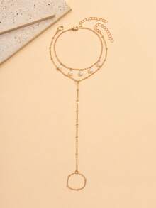 Set de 2 piezas Tobillera de perlas falsas blancas con borlas, anillo para el dedo del pie de cadena metálica, adecuado para uso diario y vacaciones en la playa - Dorado - Ver 2