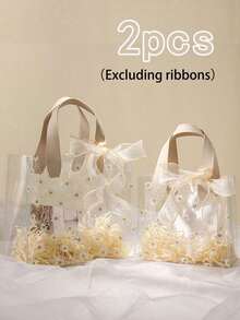 2pcs Transparent PVC Daisy Bridesmaid Gift Bags, Ins Style Handbags, Wedding Gift Boxes, Birthday Gift Bags (1 Large + 1 Small), Ribbon Not Included - Beige - View 3