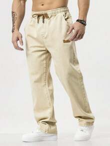 Men's Slant Pocket Drawstring Elastic Waist Washed Denim Jeans - Apricot - View 5