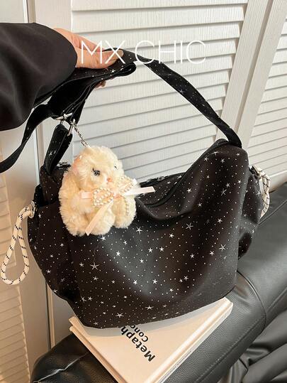 1pc Women's Contrast Color Shoulder Crossbody Bag, Fashion Star Print Crescent Bag, Comes With Plush Charm, Suitable For Shopping, Vacation, Travel, And Campus Use