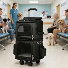 Rolling Pet Carrier With Wheels Double Compartment - Cat Travel Carrier For Small Dogs, Removable Divider For Medium Pet, Mesh Panels, Luggage Design - Black - View 2