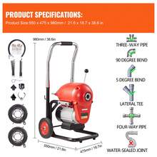 Drain Cleaner Machine 120FT X 6/5 Inch, 1100W Electric Sewer Snake Auger Manual Feed - With 6 Cutters And CW/CCW Control For 4" To 8" Pipes - Medium Sectional, 1100W, 6/5 Inch, 120 ft - 查看 11