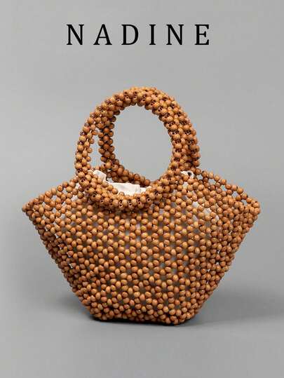 Vintage Style Wooden Bead Woven Tote Bag - Handmade Vintage Woven Handbag