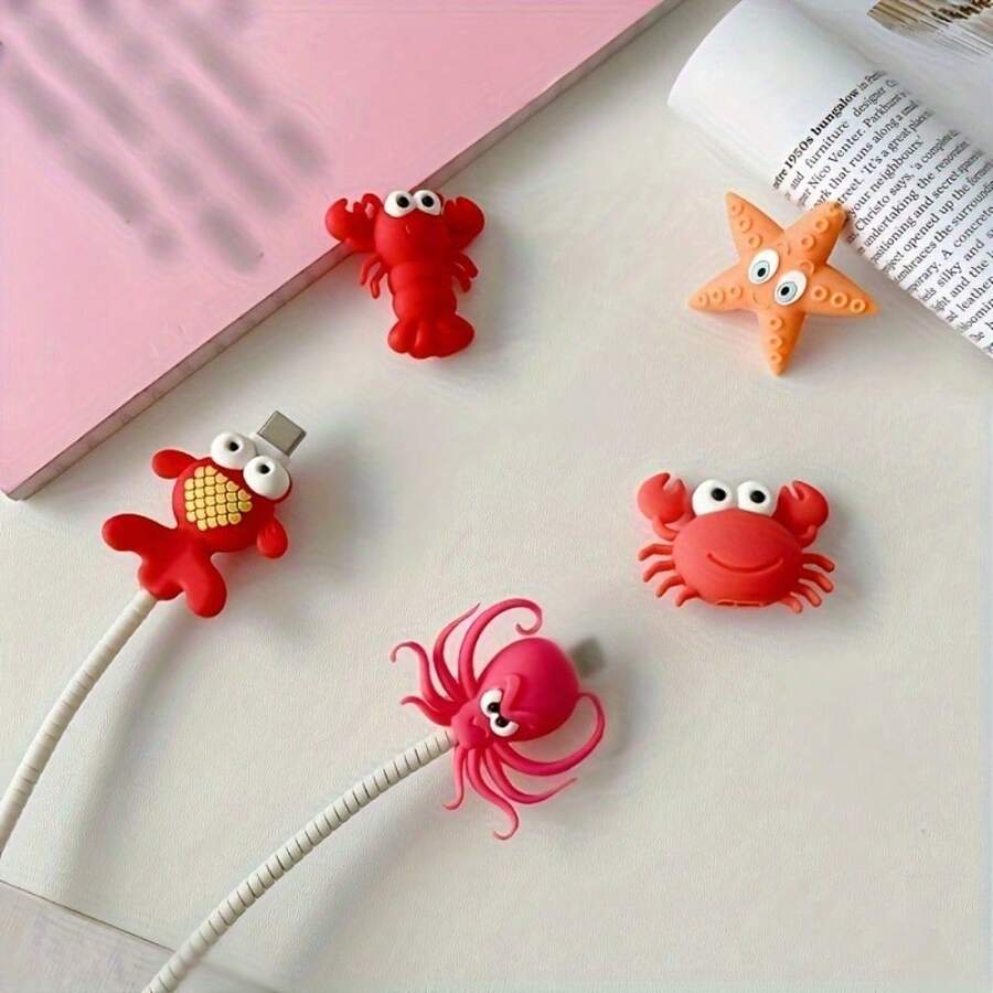 1/2/5pcs Cute Ocean Animal Cable Protector, Compatible With Android And Apple Chargers - PVC Material, Battery-Free - Multicolor - View 1