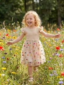 少女休闲度假风彩色花卉刺绣网纱长袖连衣裙，适合夏季穿着 - 藕粉色 - 查看 1