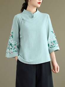 LUCIDVUE 1 chiếc áo kiểu Trung Quốc thêu dành cho nữ, trang phục mùa xuân/hè, họa tiết thêu tinh xảo kiểu Trung Quốc cổ điển, cổ tàu, cài cúc phía trước, áo sơ mi vải lanh, tay áo loe thanh lịch, kiểu Hanfu cải tiến, thích hợp cho tiệc trà, kỳ nghỉ. - Màu xanh bạc hà - Xem 11