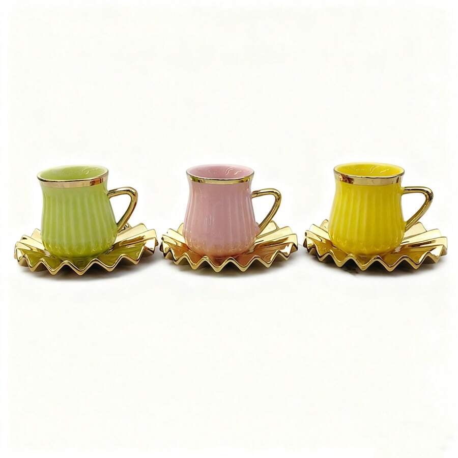 3 Colors Macaron Ceramic Cup & Saucer Set, Handpainted With Gold Accents, Healthy Drinking Water Or Coffee, Home Decor, Party Gathering Ceramic Mug, Creative Couples Gift - Multicolor - View 1