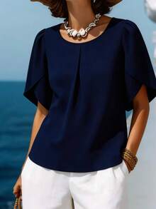 女士时尚优雅胸前荷叶边袖口下摆短袖上衣夏季 - 藏蓝色 - 查看 4
