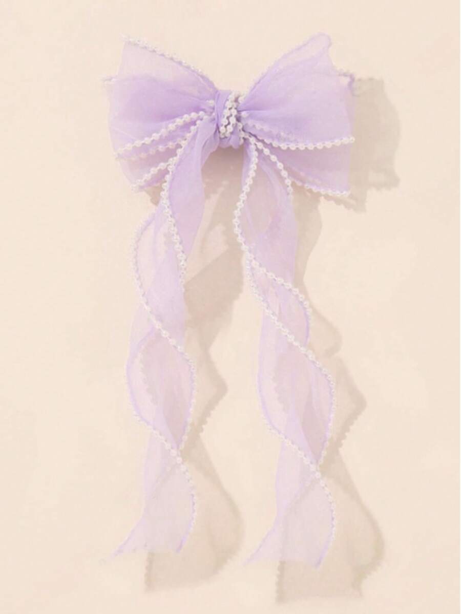 1个韩式双层网状珍珠丝带发夹 - 紫色 - 查看 1