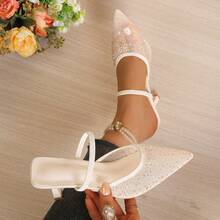 Women's Pointed Toe Mesh Rhinestone Sandals, Breathable Dual-Wear High Heels - Beige - View 1