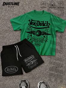 Mens Green Creative T Shirt And Shorts Set American Vintage Full Print Street Wear Essential T Shirt Set Men Graphic T Shirt And Shorts Set Vonn Dutch Motor Cycles Built For Speed Speed Shop Print - 綠色 - 查看 1