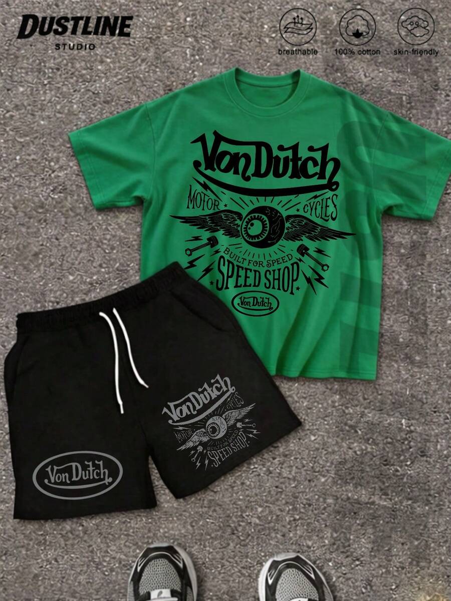 Mens Green Creative T Shirt And Shorts Set American Vintage Full Print Street Wear Essential T Shirt Set Men Graphic T Shirt And Shorts Set Vonn Dutch Motor Cycles Built For Speed Speed Shop Print - 綠色 - 查看 1