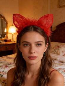 3pcs/Set Soft Lace Cat Ear Headband, 3 Colors Available, Suitable For Daily Wear And Festivals, Women's Lace Cat Ear Headband, Wedding Party & Cosplay Accessories, Elegant Fluffy Cat Ear Headpiece In Black, Red And White Lace, Photo Shoot Props, Lace Trim Cat Ear Headband With Feather Decor - View 5