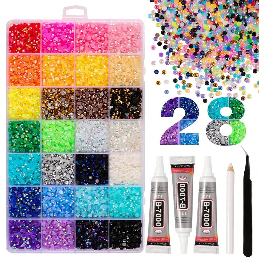 DIY Jelly AB Phone Case DIY Accessories 28-Grid Resin Colorful Diamond Box Mixed Accessories Mixed Size Colorful Round Diamonds, Shoes, Diamond Painting, Water Cup DIY, Phone Case Rhinestone Materials Support Rod Making Drill - 28 Grids - View 1