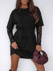 Đầm ren phối màu tương phản, thắt eo dành cho nữ - màu đen - Xem 4