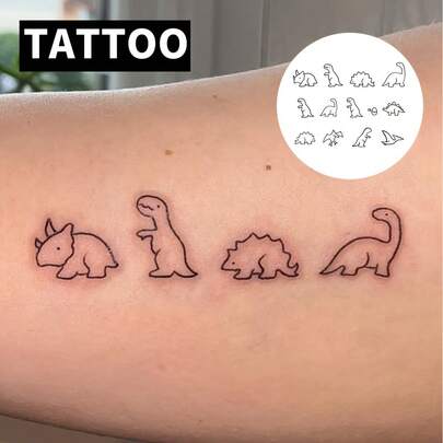 Tatuaje temporal de dinosaurio con diseño de arte lineal lindo, efecto realista impermeable, duración de 1-2 semanas, adecuado para principiantes, pegatina de tatuaje falso minimalista