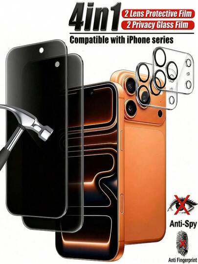 4-In-1 Screen Protector Set: 2 Privacy Screen Protectors + 2 Camera Lens Protectors, Made Of Tempered Glass, Shockproof, Anti-Scratch, Full Coverage Protection For IPhone 17 Pro Max/17 Air/17/16 Pro/16/15 Pro Max/15/14/14 Plus/13/12/11 Series