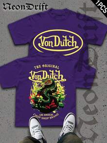 NeonDrift  Double-Sided Printing  Men's T-Shirt Men's Short-Sleeve T-Shirt100% Cotton Fabric Soft & Skin-Friendly Unisex Style Gifts For Spring Festival, Valentine's Day, St. Patrick's Day & World Cup-Van Dutch Dragon Print Men T Shirt Classic Americana Style Graphic Tee Streetwear Fashion Casual Wear For Car Enthusiasts And Vintage Culture Lovers - 紫羅蘭色 - 查看 1
