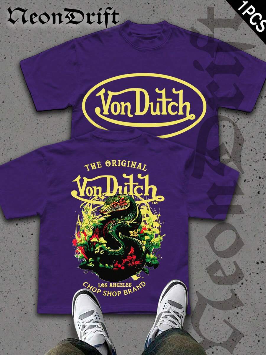 NeonDrift  Double-Sided Printing  Men's T-Shirt Men's Short-Sleeve T-Shirt100% Cotton Fabric Soft & Skin-Friendly Unisex Style Gifts For Spring Festival, Valentine's Day, St. Patrick's Day & World Cup-Van Dutch Dragon Print Men T Shirt Classic Americana Style Graphic Tee Streetwear Fashion Casual Wear For Car Enthusiasts And Vintage Culture Lovers - 紫羅蘭色 - 查看 1