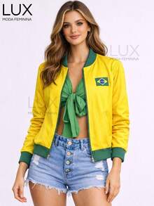 Women's Green And Yellow Bomber Jacket, Brazilian Style, Casual, Zipper, Fashion - Màu vàng - Xem 1