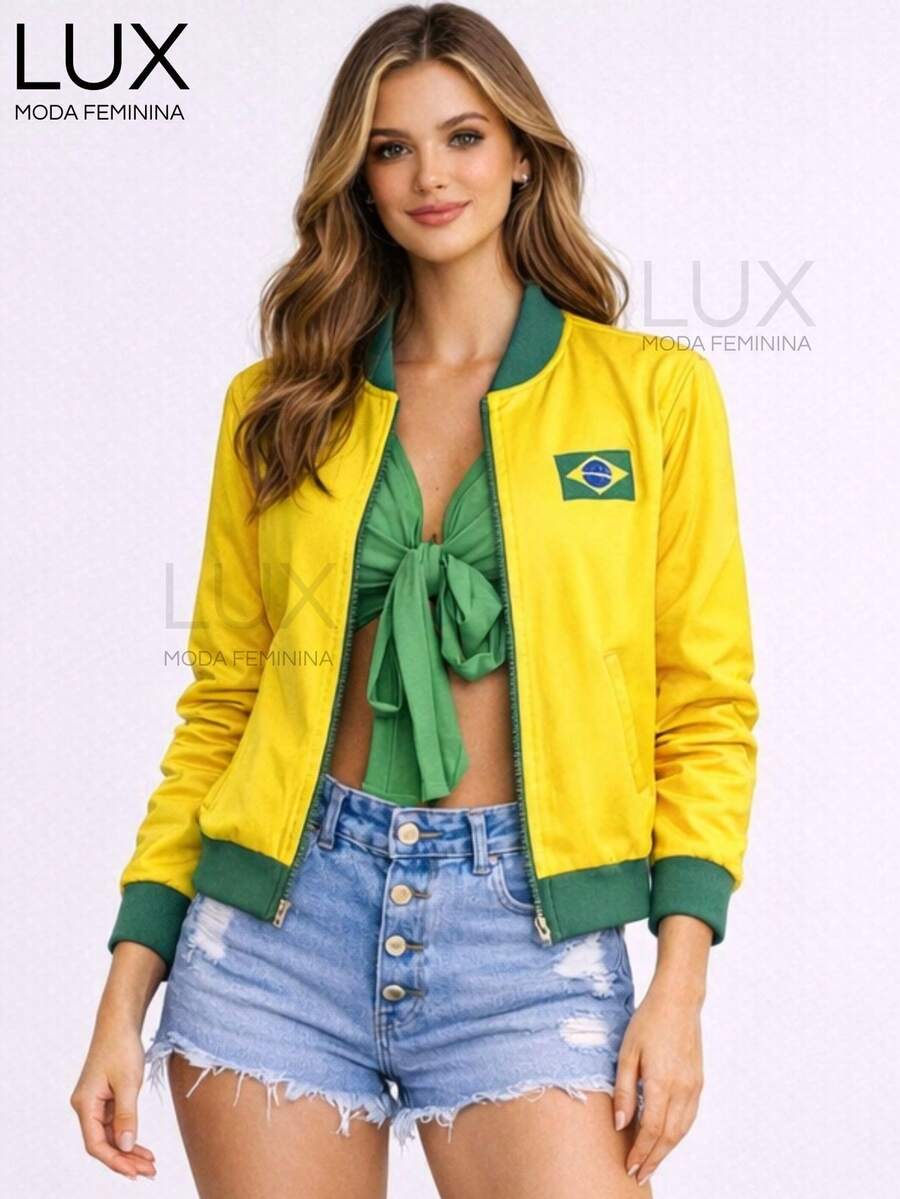 Women's Green And Yellow Bomber Jacket, Brazilian Style, Casual, Zipper, Fashion - Màu vàng - Xem 1