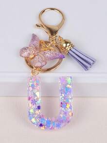 Cute Yarn Pom Pom Sequin Letter A-Z Resin Tassel Keychain, Wallet & Handbag Charm, Chain Backpack Pendant, Car Hanging Ornament, Girl Gift, School & Car Accessories, Gothic Y2K - Purple - View 25