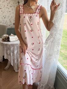 性感提花印花吊带裙，女士休闲睡衣，夏季 - 粉色 - 查看 4