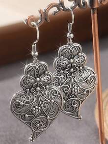 Vintage Silver-Tone Copper Earrings, Delicate Filigree Heart Shaped Earrings, Beautiful Drop Earrings, Jewelry Gift For Her - Silver - View 8
