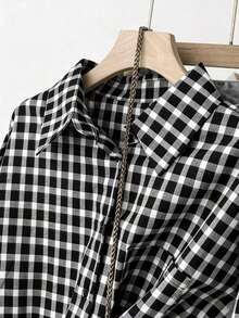 女士长袖复古红色格子衬衫外套，商务休闲口袋衬衫，春季款 - 黑與白 - 查看 2