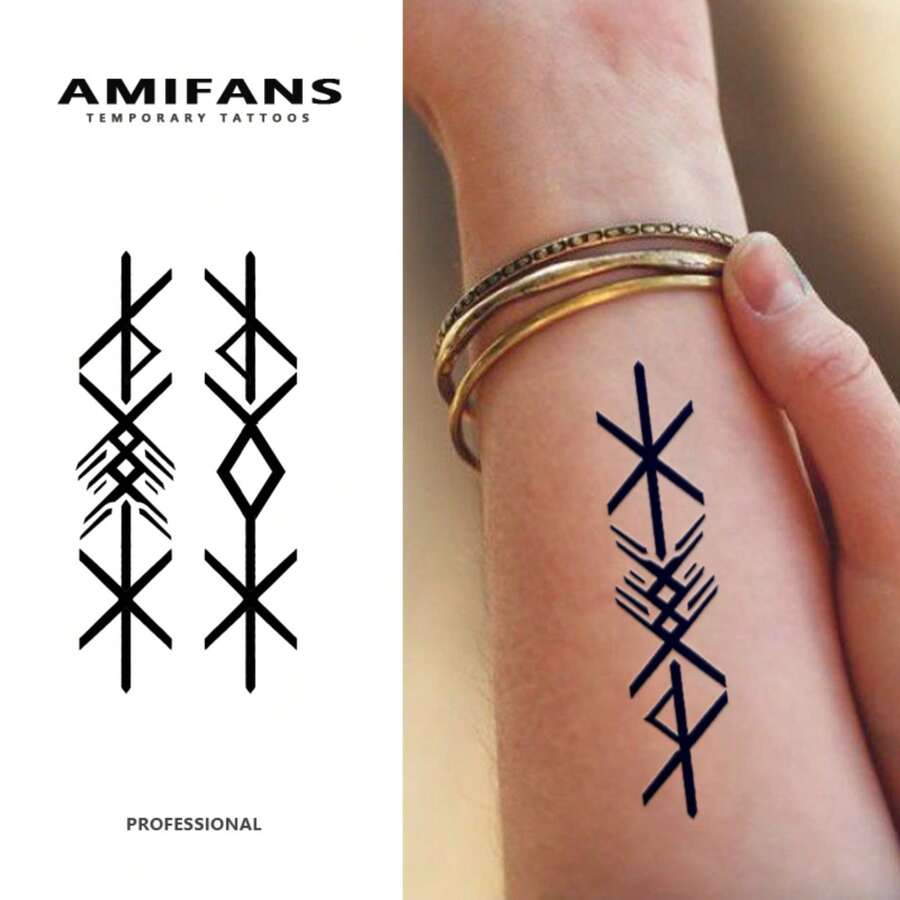 AMIFANS 维京文字临时纹身贴纸，半永久纹身贴纸，可持续1-2周，持久耐用，果汁纹身贴纸，逼真纹身贴纸，浪漫纹身贴纸，仿真纹身贴纸，防水，仿纹身效果，小众设计纹身贴纸，水果纹身贴纸，植物纹身贴纸 - 黑色 - 查看 1
