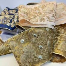 Dây ruy băng satin organza thêu 100cm - Họa tiết hoa và hình thoi với điểm nhấn kim loại vàng, chất liệu cao cấp dùng để tự may quần áo, phụ kiện, trang trí nhà cửa - Màu sắc hỗn hợp, phụ kiện may vá, trang trí thời trang, điểm nhấn lấp lánh. - màu xanh da trời - Xem 3