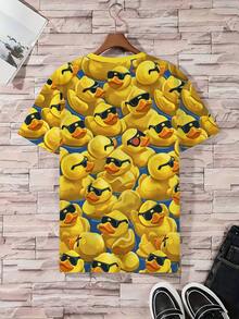 加大码男士睡衣套装 | 圆领短袖上衣和松紧腰休闲短裤两件套 | 涤纶针织面料，柔软透气，宽松版型 | 可爱小鸭印花休闲设计 - 黃色 - 查看 3