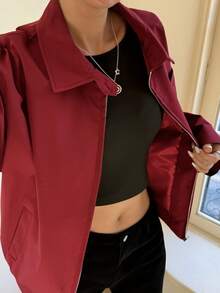 女士翻领长袖短款外套，带口袋，梭织面料，无弹力，酒红色 - 酒紅色 - 查看 4