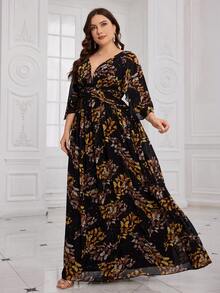 SUPGIR Plus Size Waist Pleated Digital Floral Print Elegant Chiffon Maxi Dress, Random Floral Pattern Cut - Black - View 3