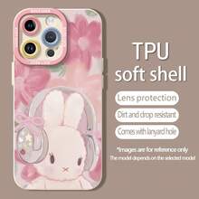 Auriculares con diseño de conejito y flores de color rosa suave.funda de teléfono Fundas compatibles con ,Apple,VIVO,OPPO,,, y Honor.Fabricadas en silicona TPU,ofrecen protección contra golpes y caídas. - Blanco - Ver 5