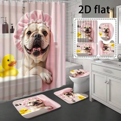 1/4件装创意时尚法斗犬图案简约现代风格高品质印花浴帘，防水涤纶材质，带挂钩和衬里，适合浴室装饰，四季皆宜。